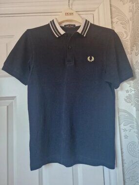 Men's Navy Blue Classic Fit Polo Shirt with White Striped Collar, Size XS